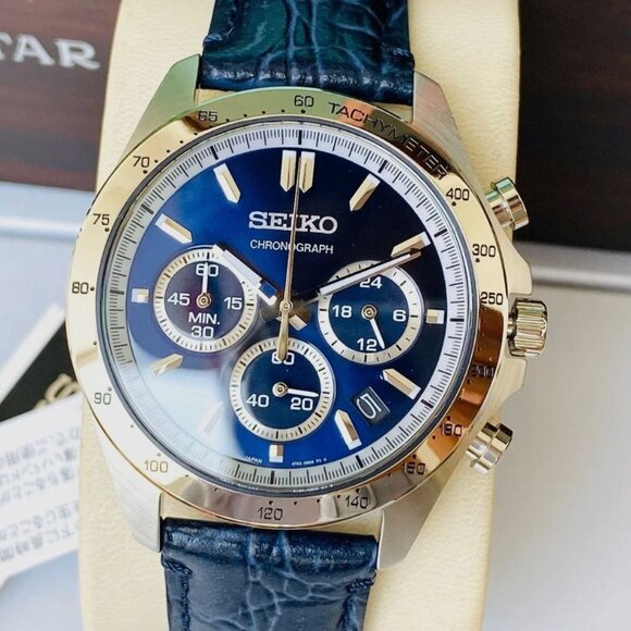 Seiko Spirit Blue Dial Leather Band Chronograph Men's Watch